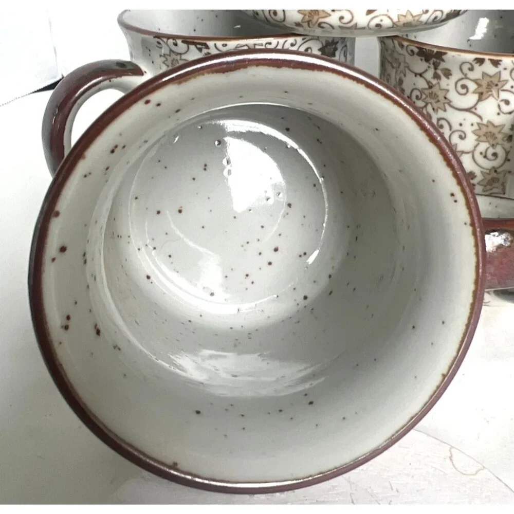 Chintz Calico Ceramic Coffee Mugs 6 Brown & White Earthtone Floral‎ Speckl